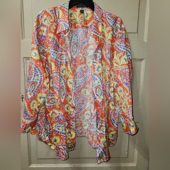 Lauren Ralph Lauren Y2K Multicolor Paisley 100% Cotton Poplin Button Down Shirt - Picture 3 of 7